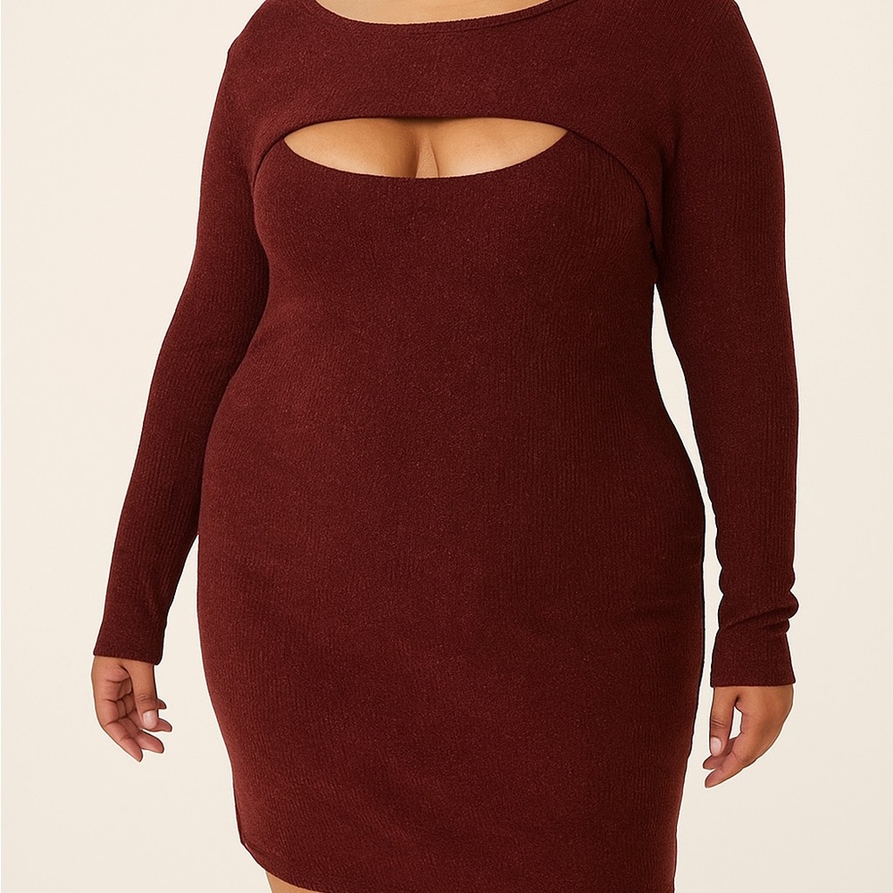 Eyeshadow XL Burgundy Cutout Long Sleeve Bodycon Dress